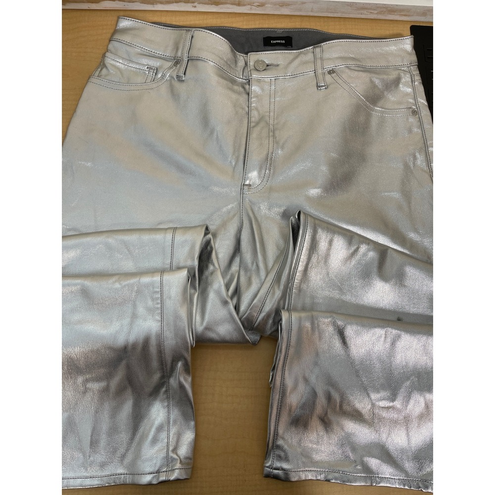 Express Metallic Silver Modern Straight High Rise Pants Faux Leather Size 12R